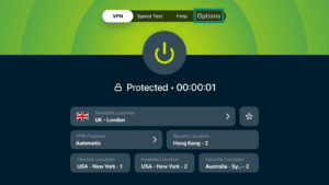 ExpressVPN app showing the main screen, with the "Options" navigation tab highlighted in a green box.