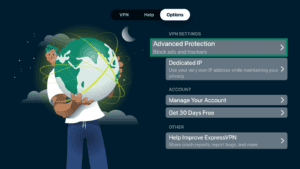 ExpressVPN Options menu, with the "Advanced Protection" setting highlighted in a green box.