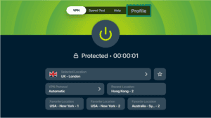 The "Profile" tab highlighted in the ExpressVPN app for tvOS.