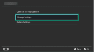 The "Change Settings" option highlighted in Nintendo Switch's Connect to This Network settings.