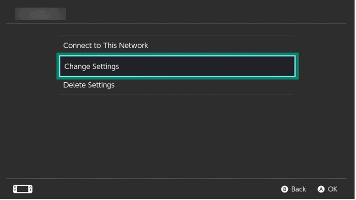The "Change Settings" option highlighted in Nintendo Switch's Connect to This Network settings.