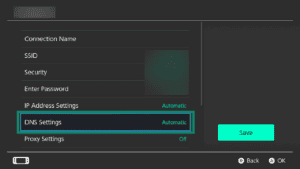 The connection settings on Nintendo Switch, with a highlighted "DNS Settings" option.