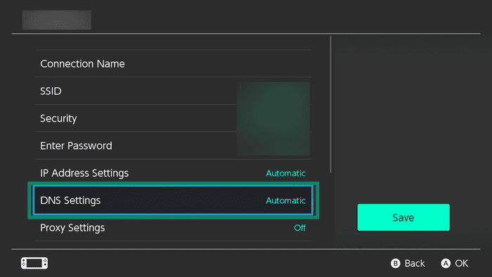 The connection settings on Nintendo Switch, with a highlighted "DNS Settings" option.