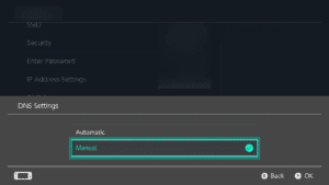 The DNS Settings on Nintendo Switch, with a highlighted "Manual" option.