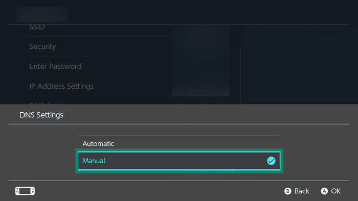 The DNS Settings on Nintendo Switch, with a highlighted "Manual" option.