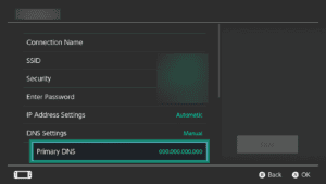 The "Primary DNS" option on Nintendo Switch.