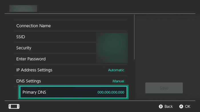 The "Primary DNS" option on Nintendo Switch.