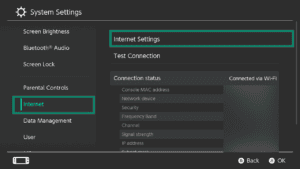 The Internet tab on Nintendo Switch, with a highlighted "Internet Settings" option.