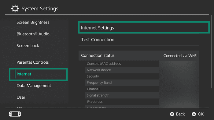 The Internet tab on Nintendo Switch, with a highlighted "Internet Settings" option.