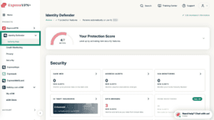 ExpressVPN+ dashboard showing the "Identity Defender" Activity Hub and Protection Score.