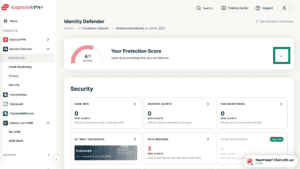 ExpressVPN+ dashboard showing the "Identity Defender" Activity Hub and highlighting the option to expand the Protection Score menu.