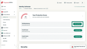 ExpressVPN+ dashboard showing the "Identity Defender" Protection Score menu and highlighting the option to set up services.