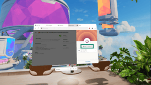 The ExpressVPN extension in the Meta Quest Browser disconnected, with a highlighted "Not Protected" text underneath the Turn On/Off button.