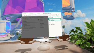 The Settings menu, showing the "Settings" options in the ExpressVPN browser extension in the Meta Quest Browser highlighted.