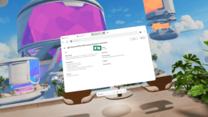 The ExpressVPN browser extension in the Meta Quest Browser, with a highlighted toggle for enabling and disabling the extension.