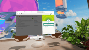 The ExpressVPN extension in the Meta Quest Browser, showing the VPN connected and a highlighted "Protected" text underneath the Turn On/Off button.
