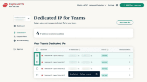 ExpressVPN for Teams dashboard showing checkboxes next to dedicated IPs highlighted.