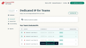ExpressVPN for Teams dashboard showing manage renewal option for dedicated IP.