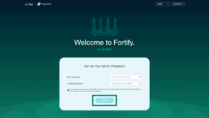 Fortify setup screen for creating and confirming an Admin Panel password, with the Next button highlighted.