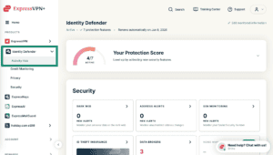 ExpressVPN+ dashboard showing the "Identity Defender" and "Activity Hub" buttons highlighted in the left-hand side menu.