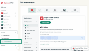 ExpressVPN+ portal setup page with Set Up Devices highlighted in the left menu.