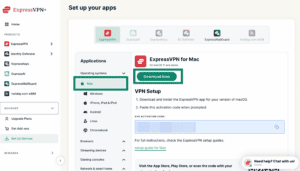 Set up your apps section in the ExpressVPN+ portal with the Download Now button highlighted for Mac.