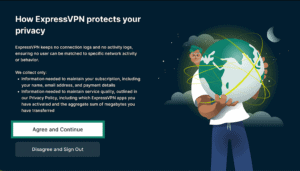 ExpressVPN Vega OS setup privacy screen showing Agree and Continue button highlighted.