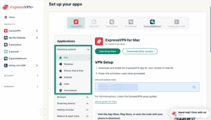 Operating systems section highlighted on the ExpressVPN+ portal setup page.