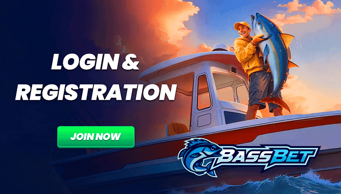 Fishing enthusiast holding a large fish on a boat at sunset, promoting online casino bassbet.