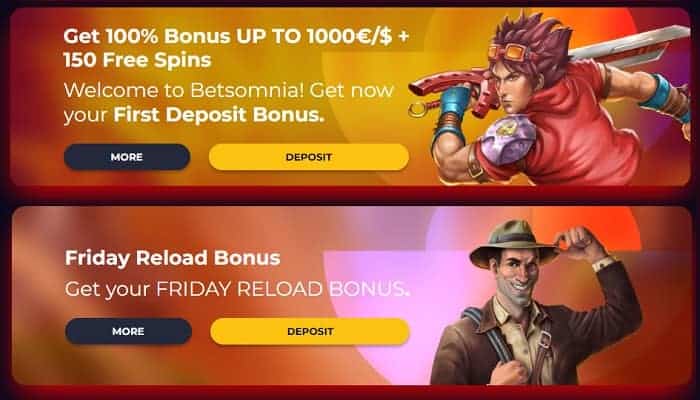 Grafische weergave van het Betsomnia welkomstbonus pakket met de 100% match en 200 gratis spins.