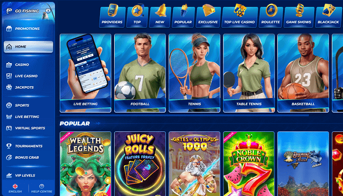 Προβολή της σελίδας Bassbet Casino & Sportsbook που δείχνει το περιβάλλον εργασίας και τα διαθέσιμα παιχνίδια.