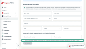 The "I agree to the Identity Defender Privacy Policy and consent for credit reporting agencies to verify my identity by SMS, email, or phone" prompt in ExpressVPN+'s Identity Defender tab.