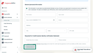 The "Set Up Now" button in the Identity Defender in ExpressVPN +.
