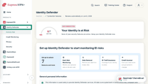 The Identity Defender tap in the ExpressVPN+ portal.