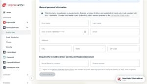The General personal information section in the Activity Hub in the Identity Defender tab in ExpressVPN+.