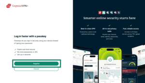 The "Log in faster with a passkey" ExpressVPN+ page, with a highlighted "Register" button.