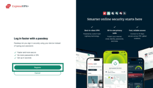 The "Log in faster with a passkey" ExpressVPN+ page, with a highlighted "Register" button.