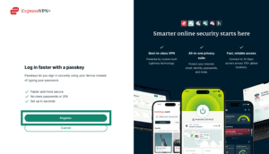 The "Log in faster with a passkey" ExpressVPN+ page, with a highlighted "Register" button.