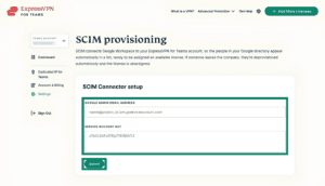 ExpressVPN for Teams SCIM provisioning page for Google Workspace. The Google admin email field, service account key field, and "Submit" button are highlighted.