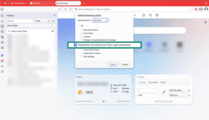 Vivaldi browser showing delete passwords option from history.