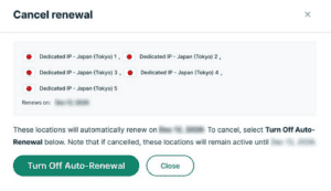 ExpressVPN for Teams showing auto renewal settings for dedicated IP.