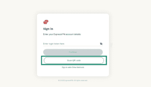  ExpressVPN sign-in screen with the "Scan QR code" button highlighted in a green box.