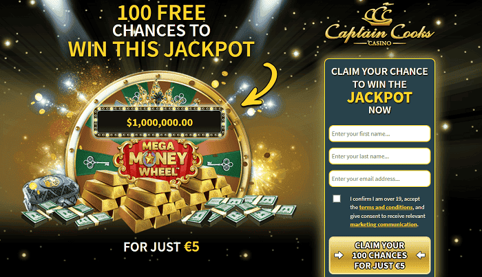 Captain Cooks Casino 100 free chances on Mega Money Wheel to win $1,000,000 jackpot! 