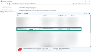 Windows Programs and Features window showing installed software, with the "ExpressVPN" row and its "Uninstall" context menu highlighted inside a teal box.