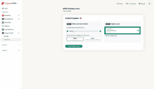 eSIM Store tab on the ExpressVPN+ dashboard, showing a checkout page. The coupon tab is highlighted.