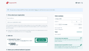 ExpressVPN checkout page showing option to add Dedicated IP for Teams to plan.