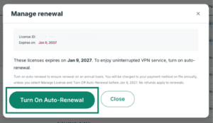 ExpressVPN Teams auto-renewal settings.