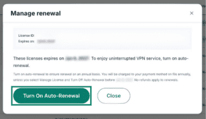ExpressVPN for Teams manage renewal options for a license. The "Turn On Auto-Renewal" button is highlighted.
