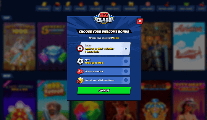 Choose your welcome bonus at BigClash Casino 
