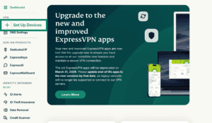 ExpressVPN dashboard showing the "Set Up Devices" option highlighted.